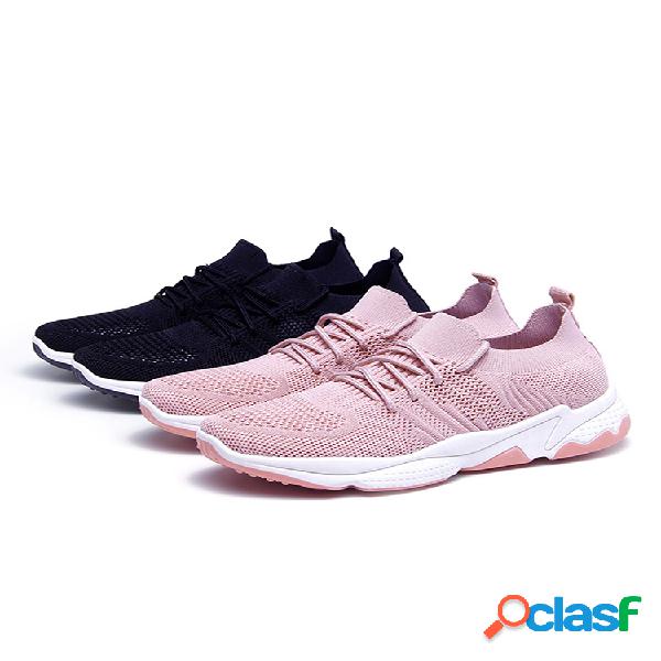 Mulheres cor sólida ata acima malha sapatos casuais