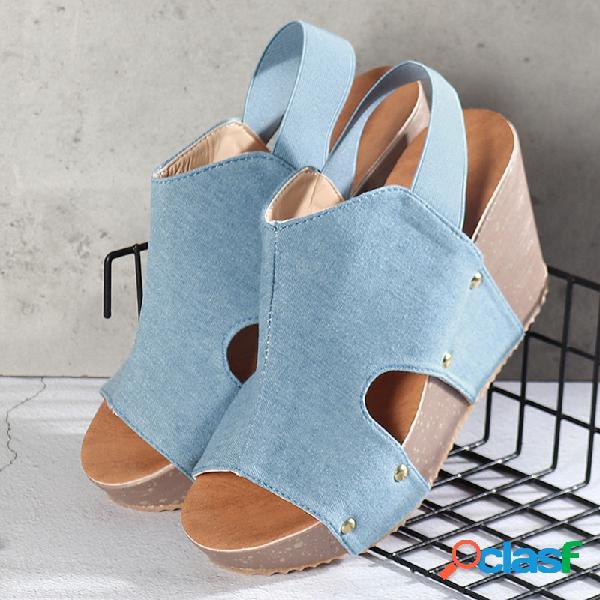 Mulheres cor sólida peep toe oco slingback cunha sandálias