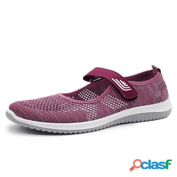 Mulheres malha respirável Gancho laço sapatos casuais