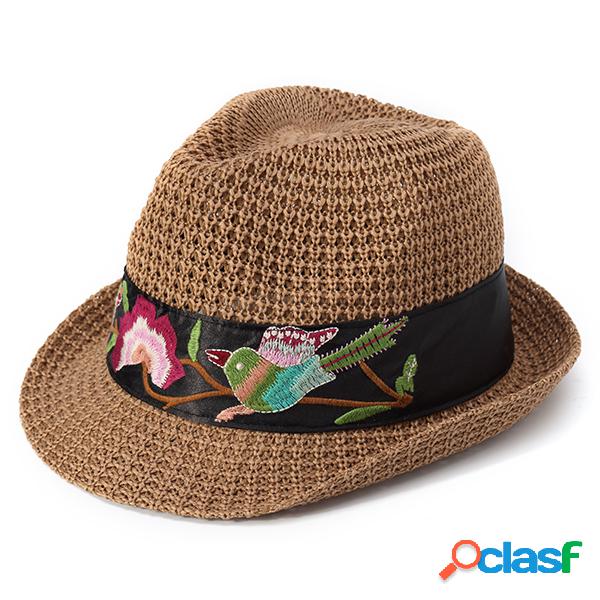 Mulheres Étnica Handmade Bordado Sombrinha Palha Chapéu