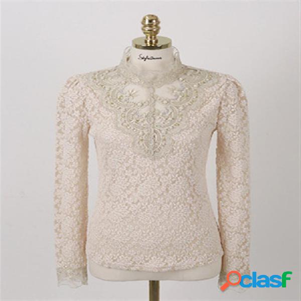 Patchwork floral laço gola blusa de manga longa
