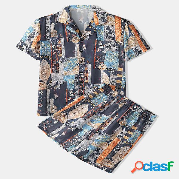 Pijamas de estilo étnico Duas peças Colarinho de lapela