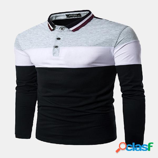 Polo Estampado Casual de Algodão Contraste de Cor Gola