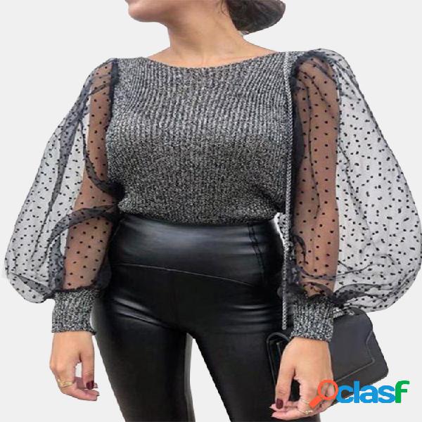 Puff manga comprida malha polka dot patchwork blusa o