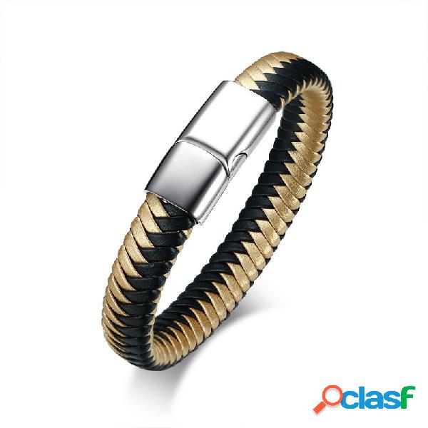 Pulseira De Couro De Ouro preto Pulseira de Aço Inoxidável