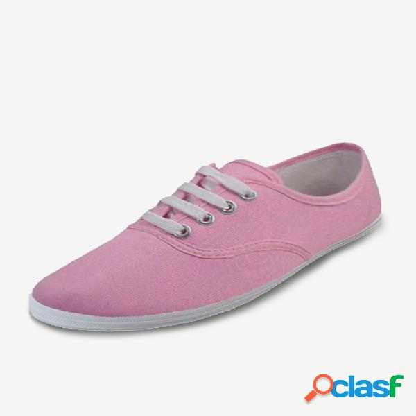 Pure Color Lace Up Canvas Flat Sapatos casuais para mulheres