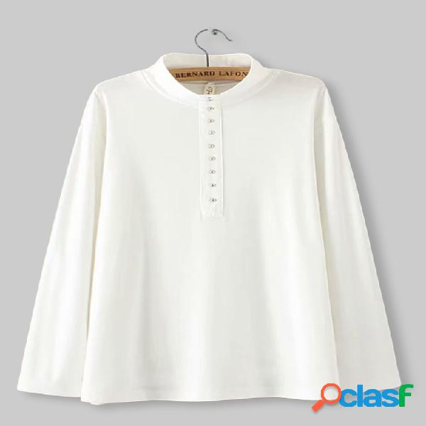 Pure Color Manga Comprida Stand Collar Blusas De Malha