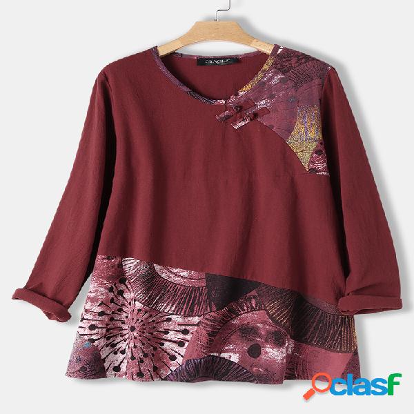 Rã botão imprimir patchwork blusa de manga longa para as
