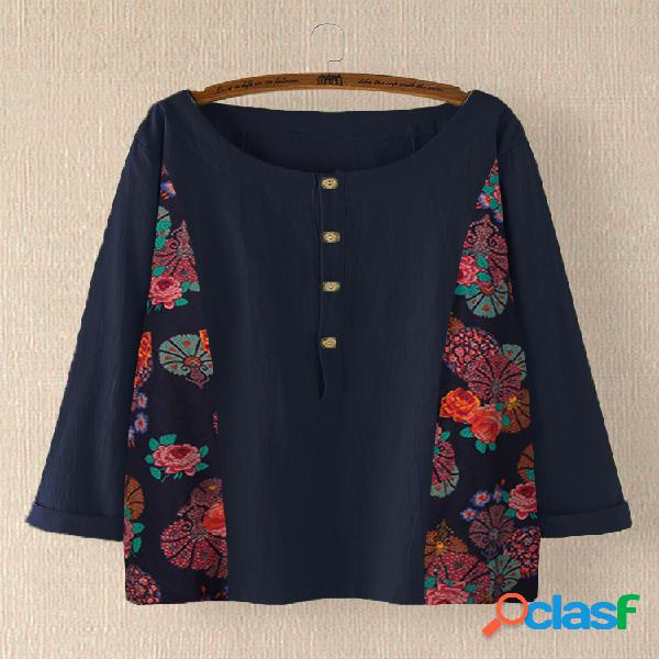 Retalhos de impressão floral vintage Plus blusa de tamanho