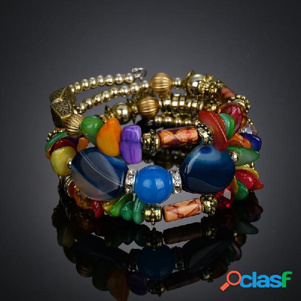 Retro Multi Layer Frisado Pulseira De Pedra Ágata