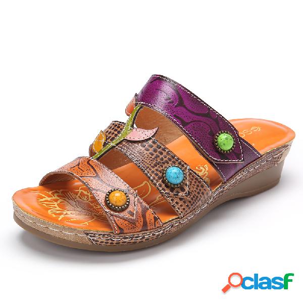 SOCOFY Bohemia Floral Leather Strap ajustável Sandálias de