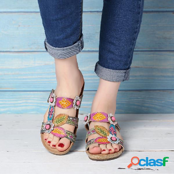 SOCOFY Couro Genuíno Retro Gems Floral pintado à mão