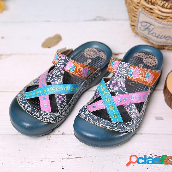 SOCOFY Floral Couro Entrecruzando Alça Ajustável Slip-on