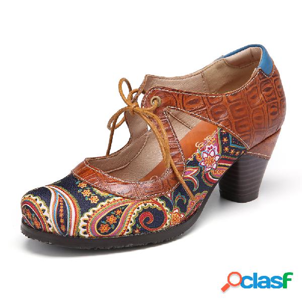 SOCOFY Vintage Paisley Splicing Leather Cutout Lace up