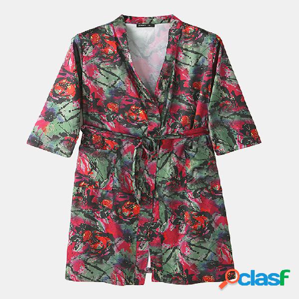 Soft Pijama Loungewear de seda falso geométrico Impresso