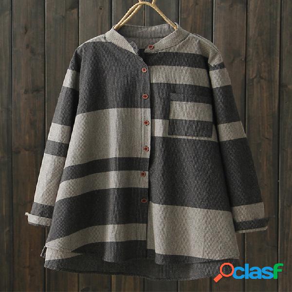 Stand Collar Irregular Strip Pocket Blusa Feminina Casual
