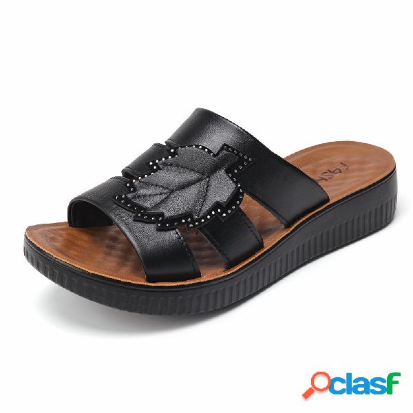 Strass peep toe chinelos de couro escavar sandálias casuais