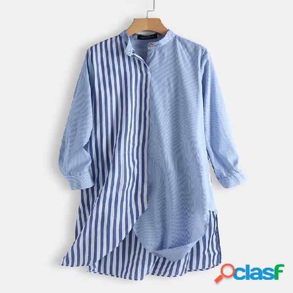 Stripe Patchwork manga comprida Splited Casual Camisa para