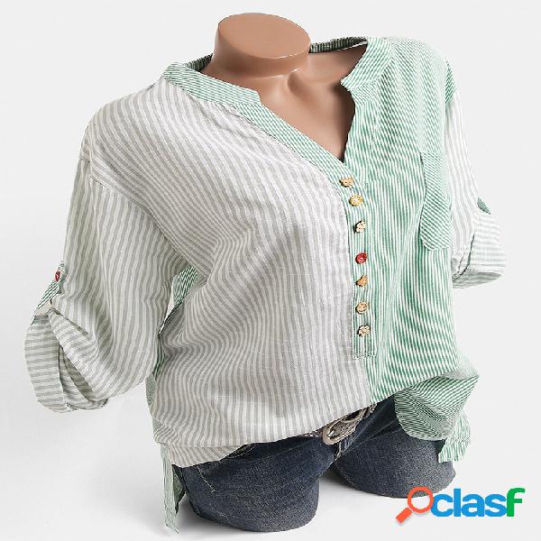 Stripe Patchwork manga comprida com decote em v Plus Blusa