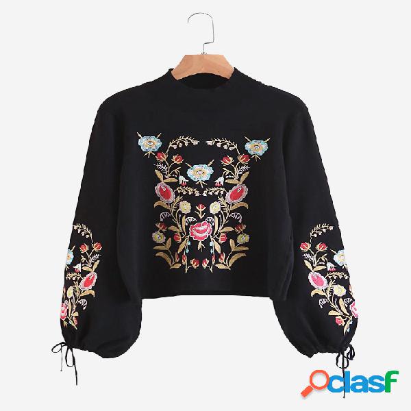 Suéter Casual Feminino Flor Bordada Manga Longa de Lanterna