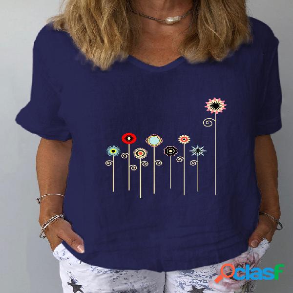 T-shirt de manga curta com decote em v para mulheres