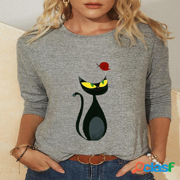 T-shirt dos desenhos animados do gato impressão mangas