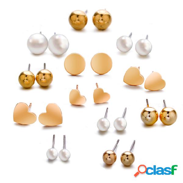 Trendy Metal Geometric Pearl Stud Brinco Set Peach Coração