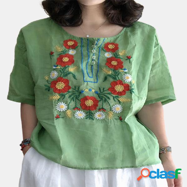 Vintage Bordado O-Neck Meia manga Blusa para mulheres