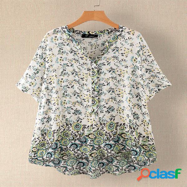 Vintage Floral Print Decote Em V Plus Blusa Tamanho