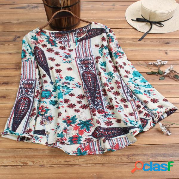 Vintage Floral Print V-neck Plus Blusa de tamanho