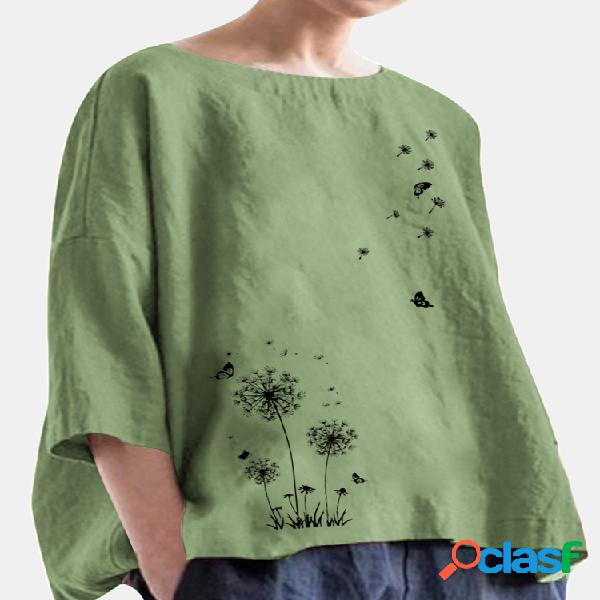 Vintage Flower Printed O-neck Blusa Casual Para Mulheres