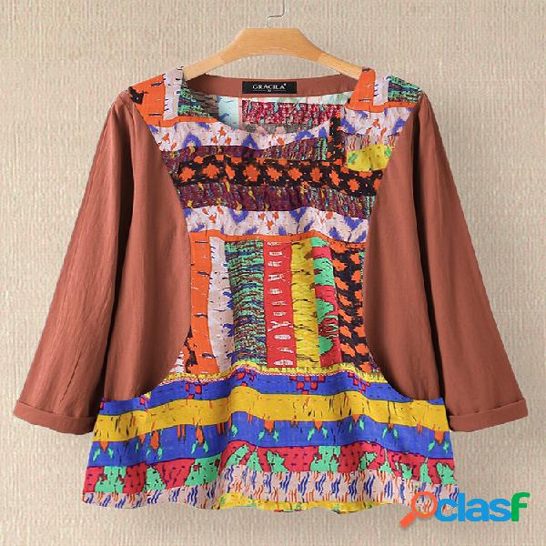 Vintage Impresso Patchwork O-Neck Blusa de manga comprida