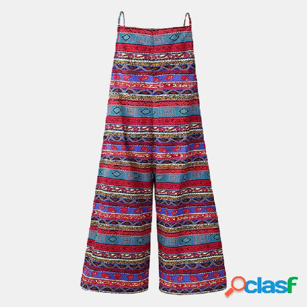 Vintage Impresso Straps Jumpsuit Para Mulheres