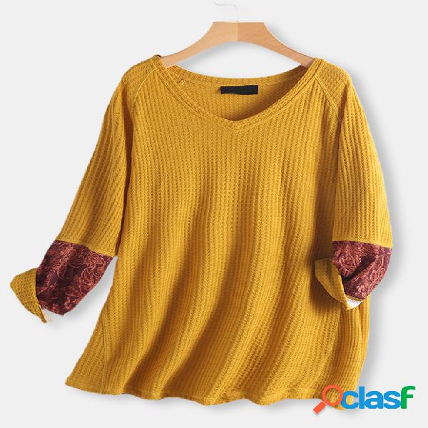 Vintage Patchwork Print manga comprida Plus blusa de tamanho