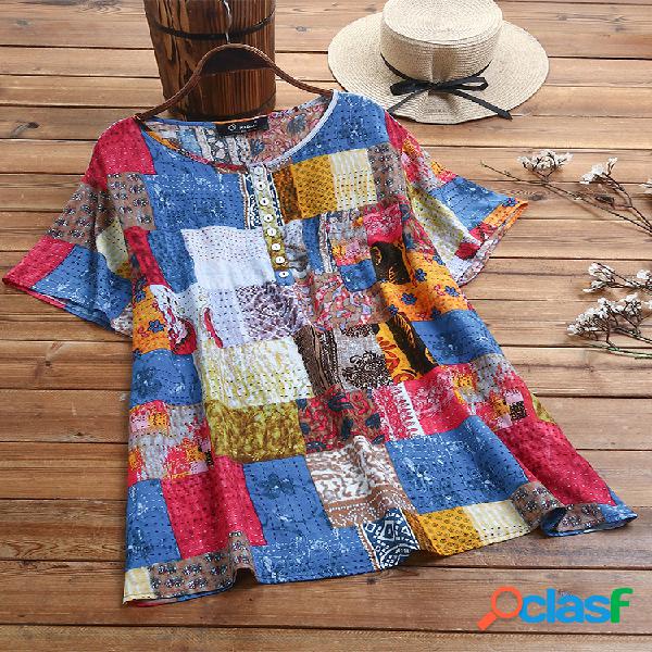 Vintage Print Patchwork manga curta Plus Tamanho T-shirt