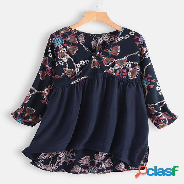 3/4 manga étnica impressão impressão patchwork blusa