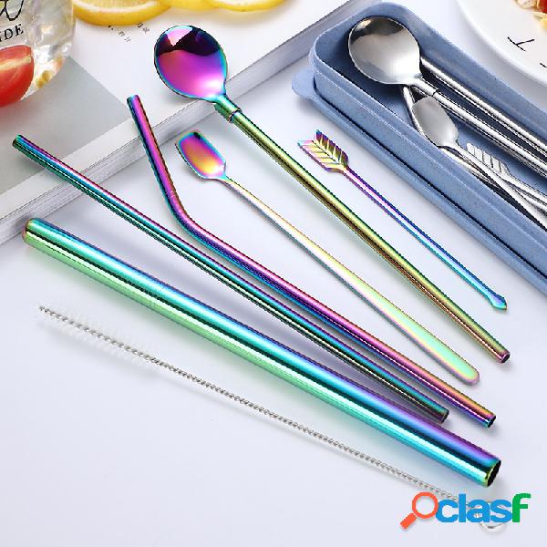 8Pcs Set 304 Palha de aço inoxidável Talheres portáteis