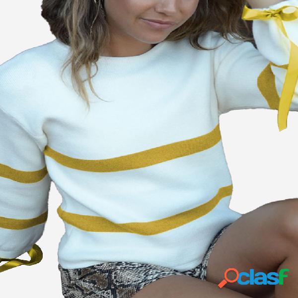 Bandage Stripe manga comprida O-pescoço Sweater Casual Para