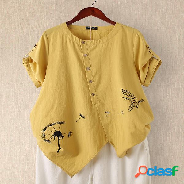 Blusa de botão assimétrica impressa flor de manga curta