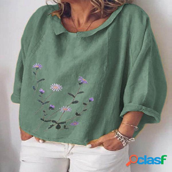 Blusa de gola 3/4 floral bordado gola para mulheres