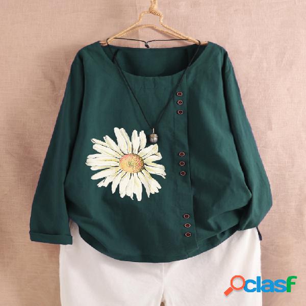 Blusa estampada de flores com mangas compridas e decote em V