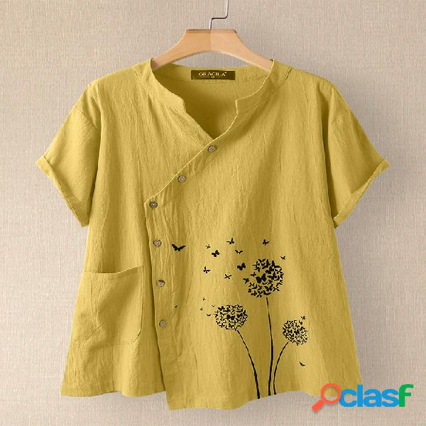 Blusa irregular de botão de manga curta de impressão de