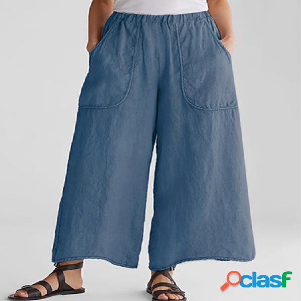 Bolsos casuais de cor sólida soltos Capris de pernas largas