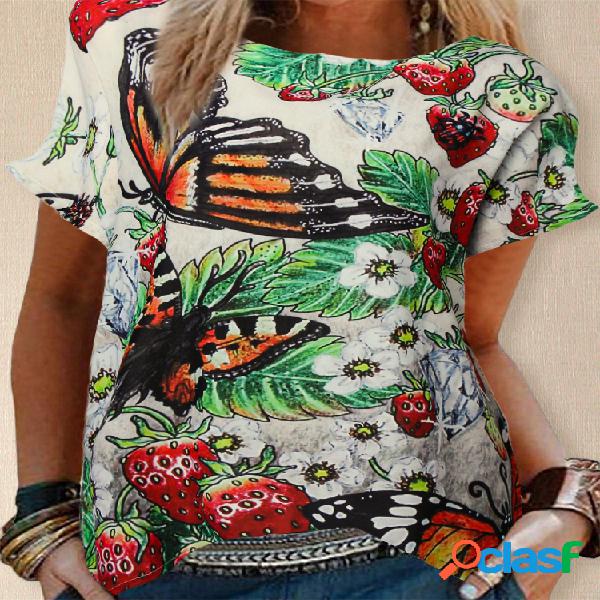 Borboletas Morangos Imprimir Plus Tamanho Casual T-shirt