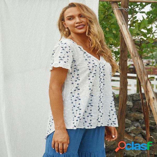 Bordado floral com babados com decote em v patchwork blusa