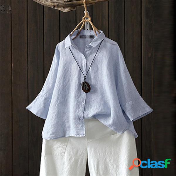 Botão de manga 3/4 vintage Turn Down Collar Blusa