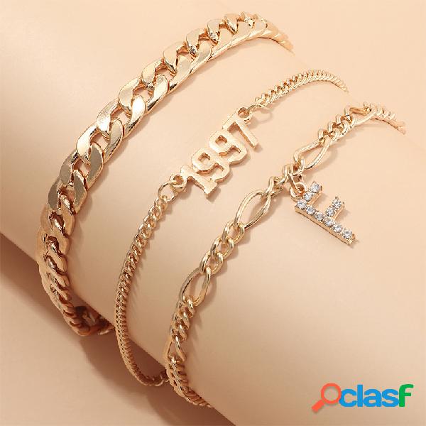 Cadeia Grossa do vintage Strass F Letra Pingente Pulseira de