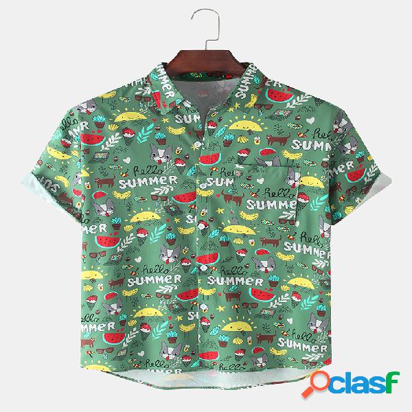 Camisas de manga curta casuais de algodão com estampa