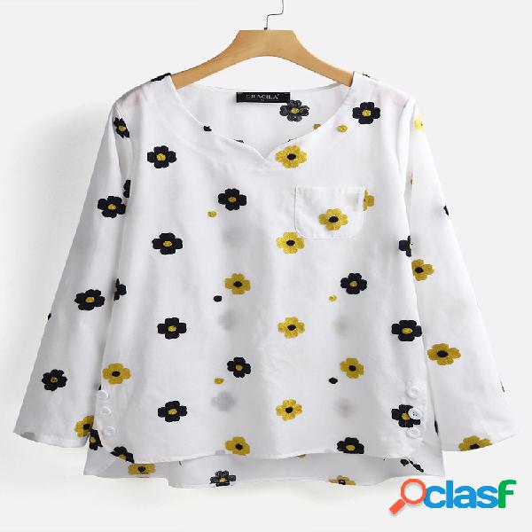 Casual Floral Printed Pocket Button Blusa de manga comprida