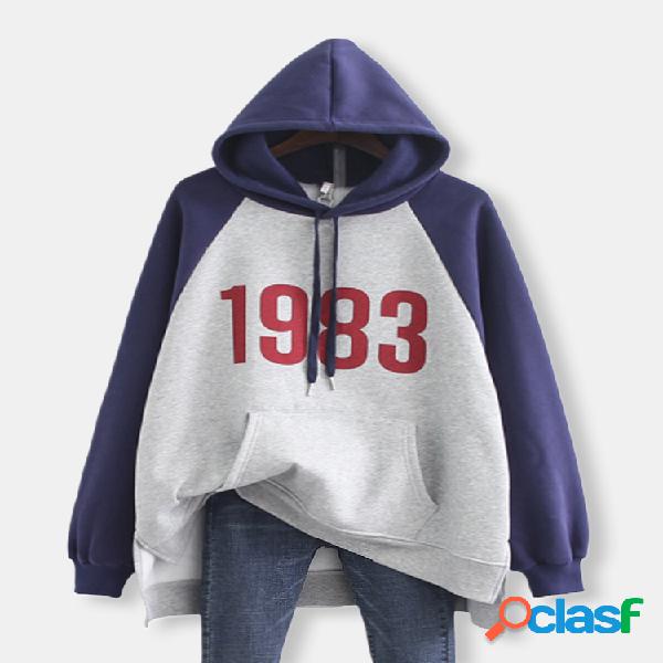 Casual Imprimir Irregular Hem Drawstring Pocket Hoodie